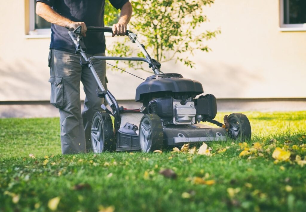 person mowing lawn